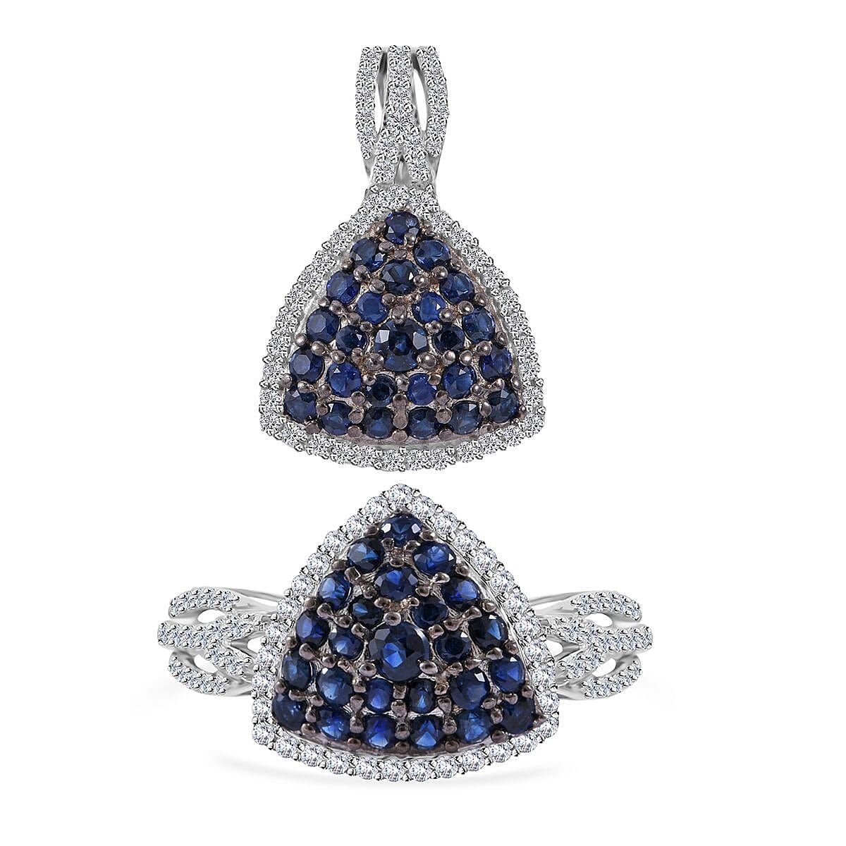 TLV Kanchanaburi Blue Sapphire, White Zircon Trillion Shape Ring (Size 6.0) and Pendant in Platinum Over Sterling Silver 2.50 ctw