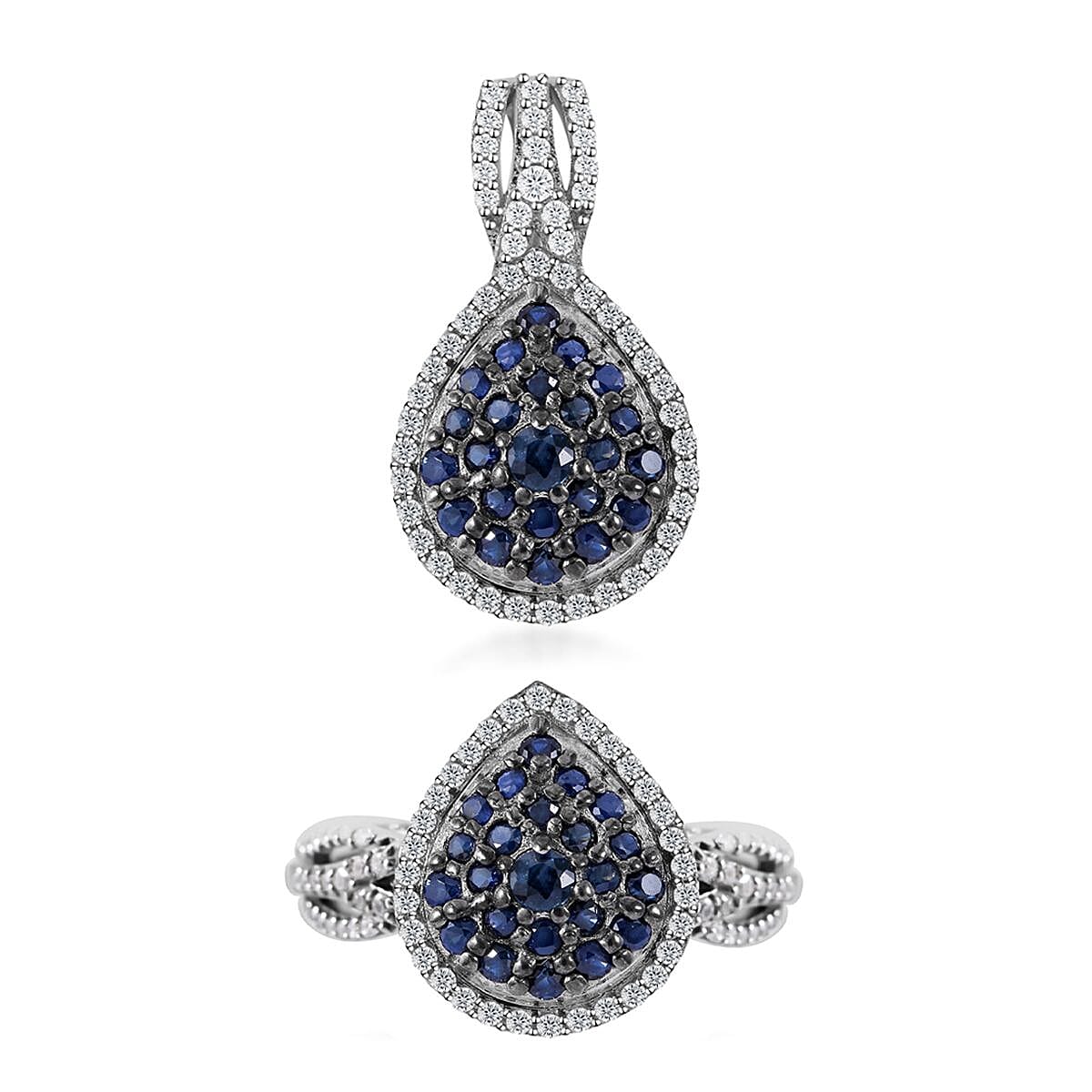 TLV Kanchanaburi Blue Sapphire, White Zircon Pear Shape Ring (Size 7.0) and Pendant in Platinum Over Sterling Silver 2.00 ctw