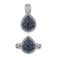 TLV Kanchanaburi Blue Sapphire, White Zircon Pear Shape Ring (Size 7.0) and Pendant in Platinum Over Sterling Silver 2.00 ctw