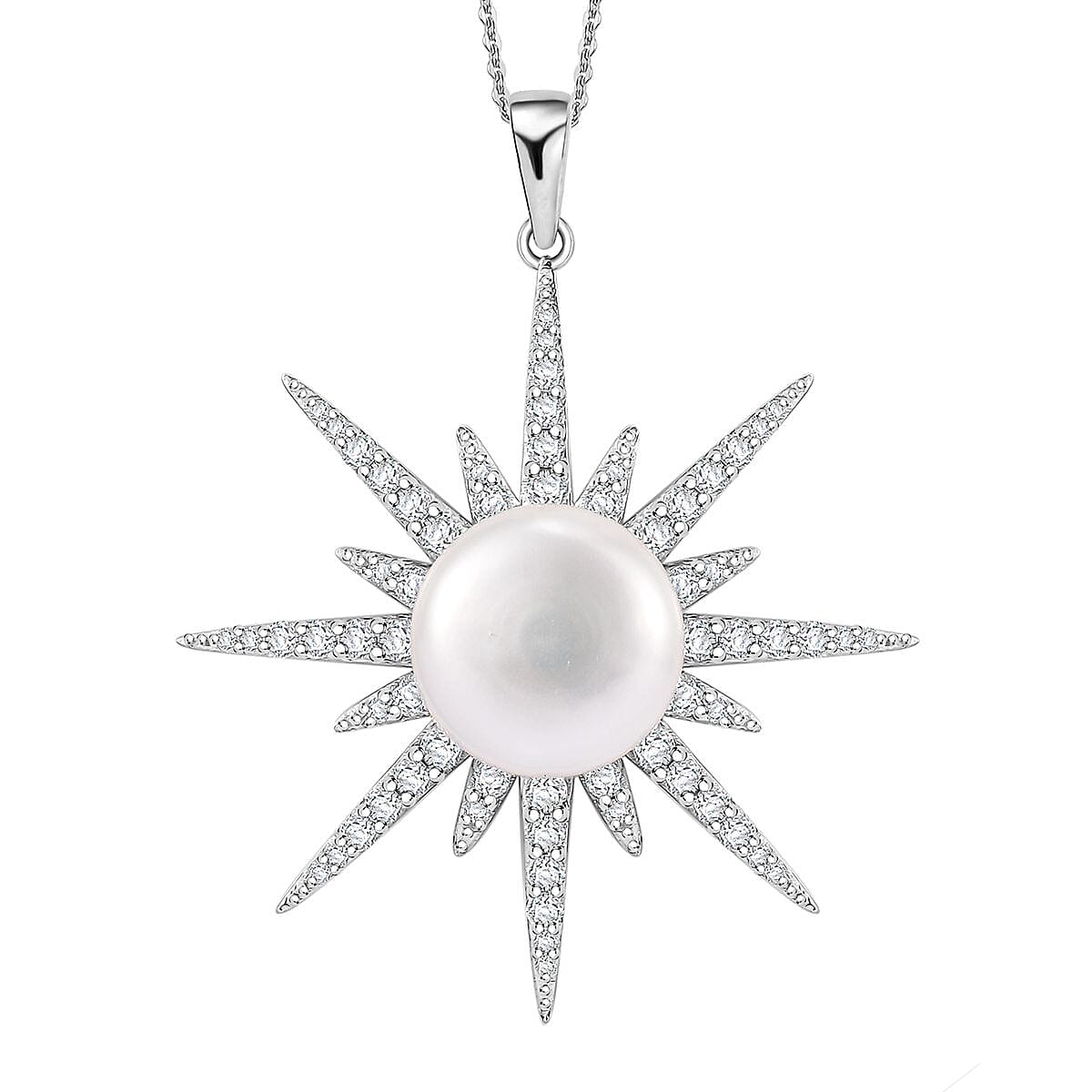 Freshwater Pearl, Moissanite Pendant Necklace (20 Inches) in Platinum Over Sterling Silver 1.55 ctw