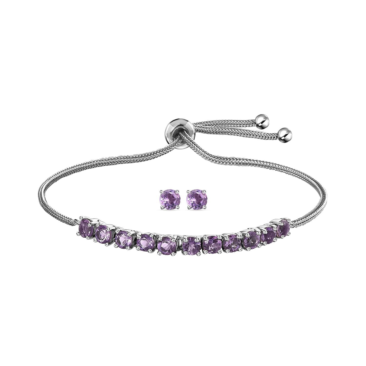 Rose De France Amethyst Bolo Bracelet and Earrings in Stainless Steel 3.75 ctw