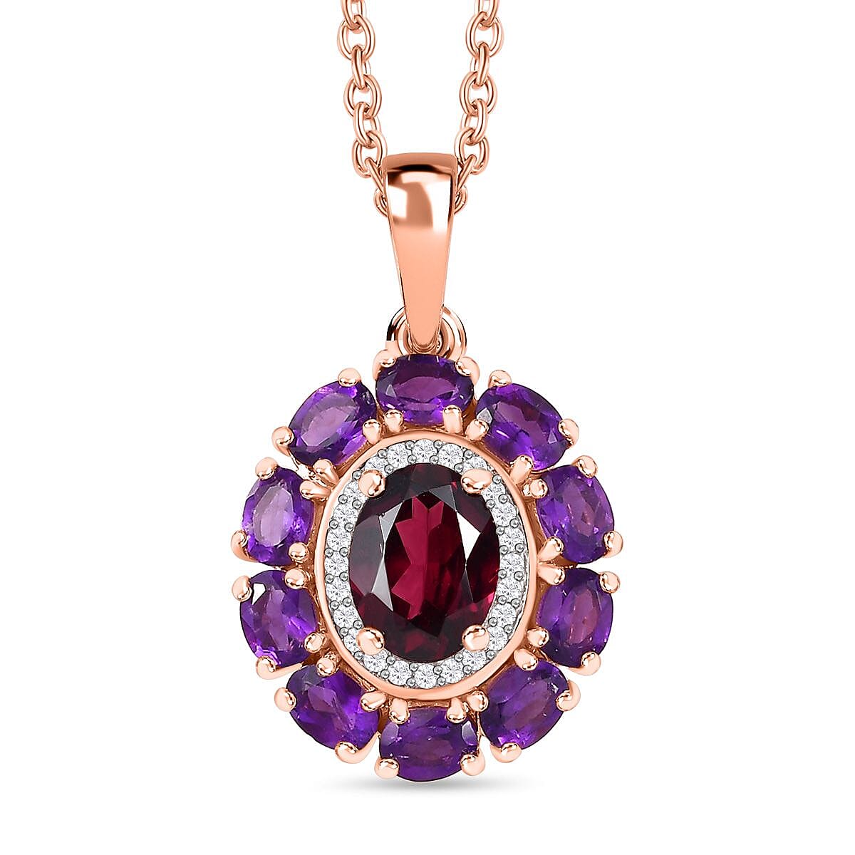 Orissa Rhodolite Garnet and Multi Gemstone Pendant Necklace 20 Inches in Vermeil Rose Gold Over Sterling Silver 3.25 ctw