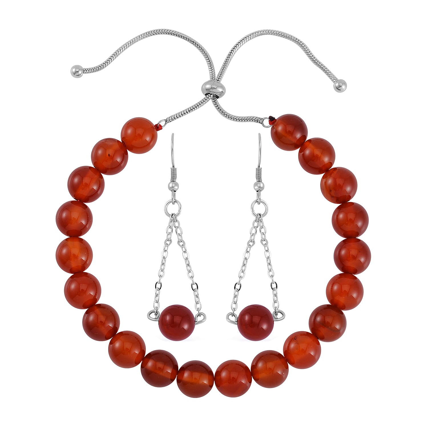 Red Agate Bolo Bracelet and Earrings in Stainless Steel 84.25 ctw
