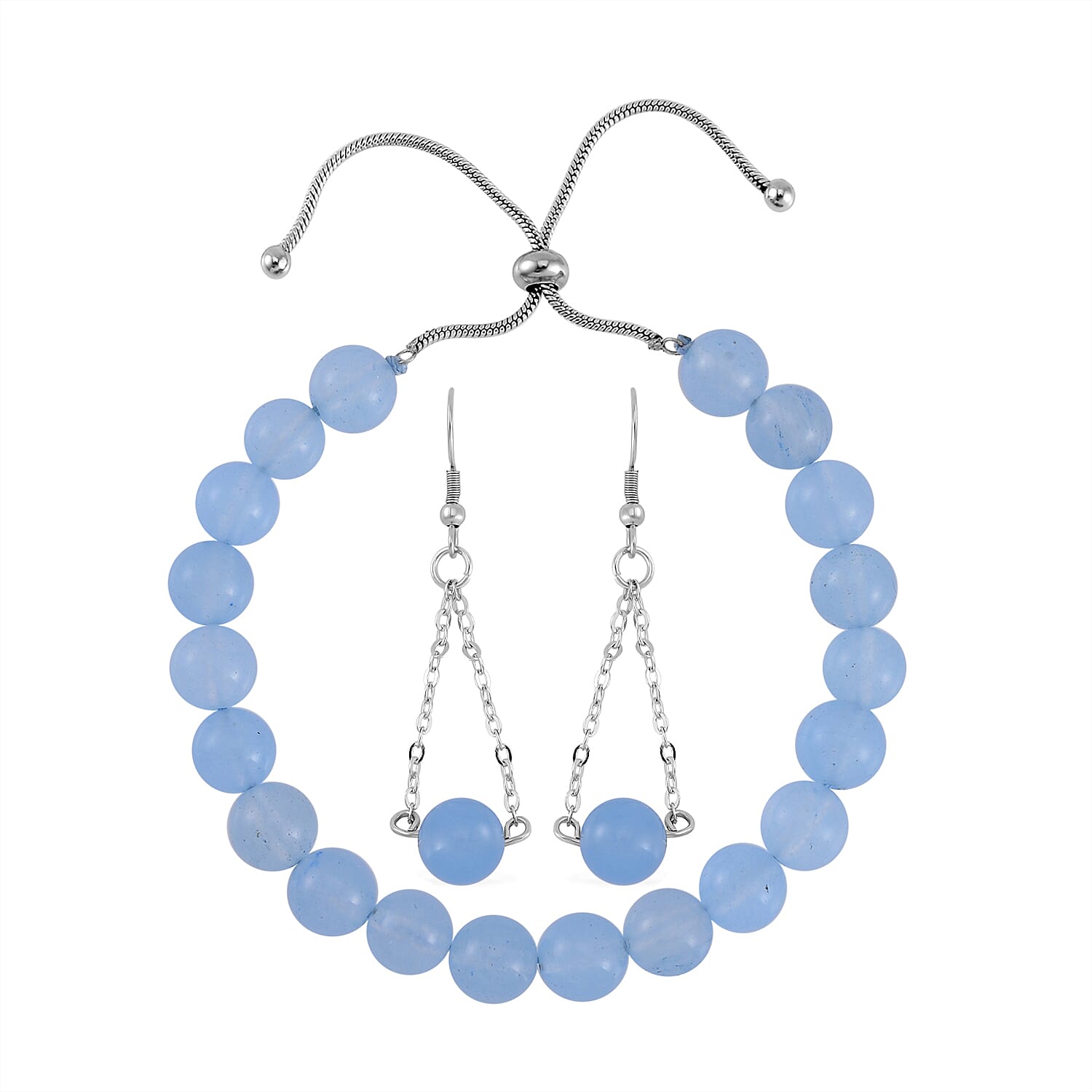 Blue Agate Bolo Bracelet and Earrings in Stainless Steel 84.85 ctw