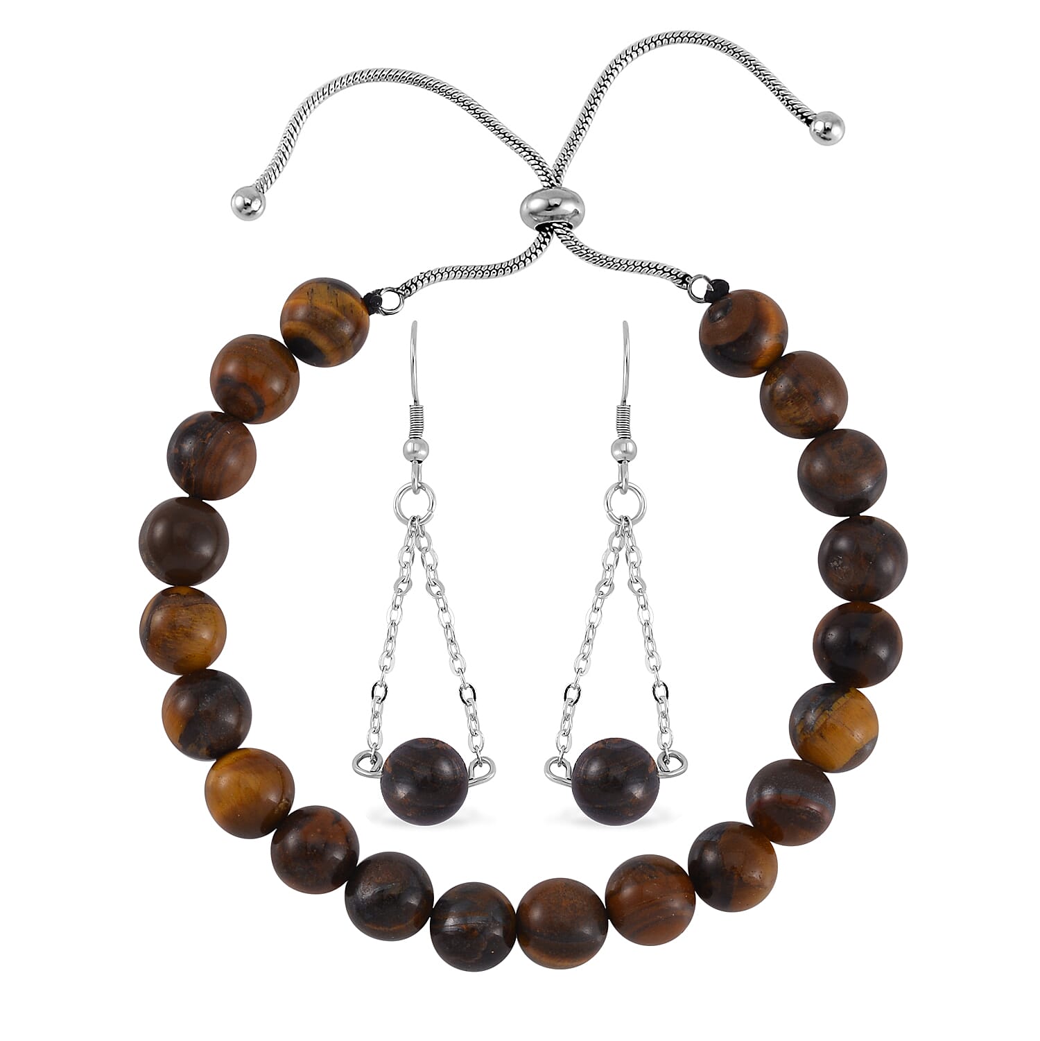 Yellow Tiger's Eye Bolo Bracelet and Earrings in Stainless Steel 89.30 ctw