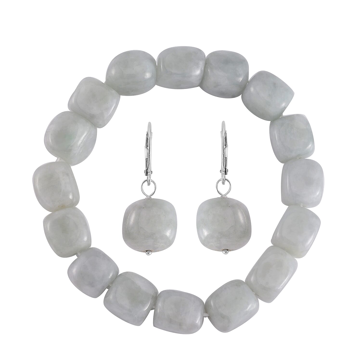 Natural Jade Tumble Shape Stretch Bracelet and Lever Back Earrings in Rhodium Over Sterling Silver 195.00 ctw