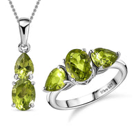Peridot 3 Stone Ring Size 5 and Pendant Necklace 20 Inches in Platinum Over Sterling Silver (Del. in 10-12 Days) 5.00 ctw