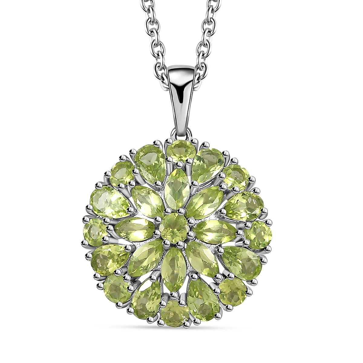 Peridot Dahlia Floral Spray Pendant Necklace 20 Inches in Platinum Over Sterling Silver 4.65 ctw