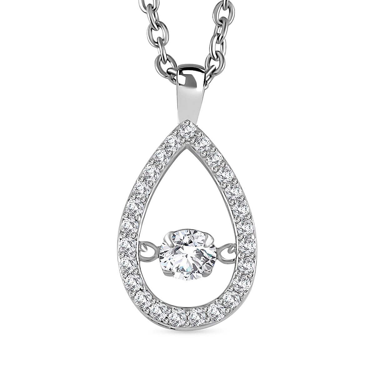 Simulated Diamond 1.25 ctw Halo Tear Drop Pendant in Platinum Over Sterling Silver with Stainless Steel Necklace 20 Inches