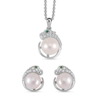 Freshwater Pearl, Simulated Green and White Diamond Necklace (17.5 Inches) and Earrings in Rhodium Over Sterling Silver