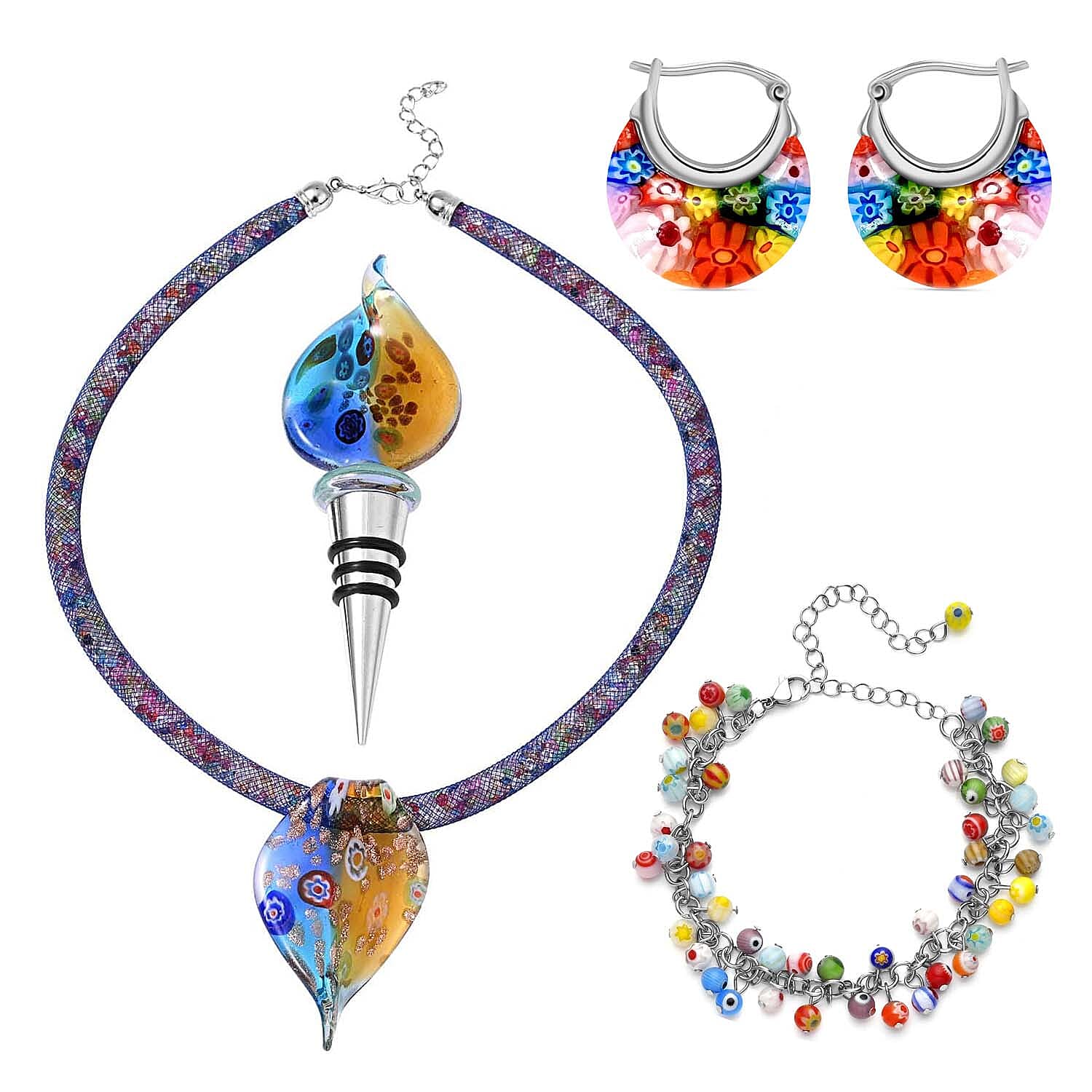 Multi Color Murano Style Beaded Charm Anklet (9-11In), Basket Earrings and Pendant With Necklace (20-23 Inches) and Bottle Stopper in Silvertone and Stainless Steel