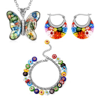Murano Style Basket Earrings, Charm Bracelet (7.50-11In) and Butterfly Pendant Necklace 24 Inches in Stainless Steel