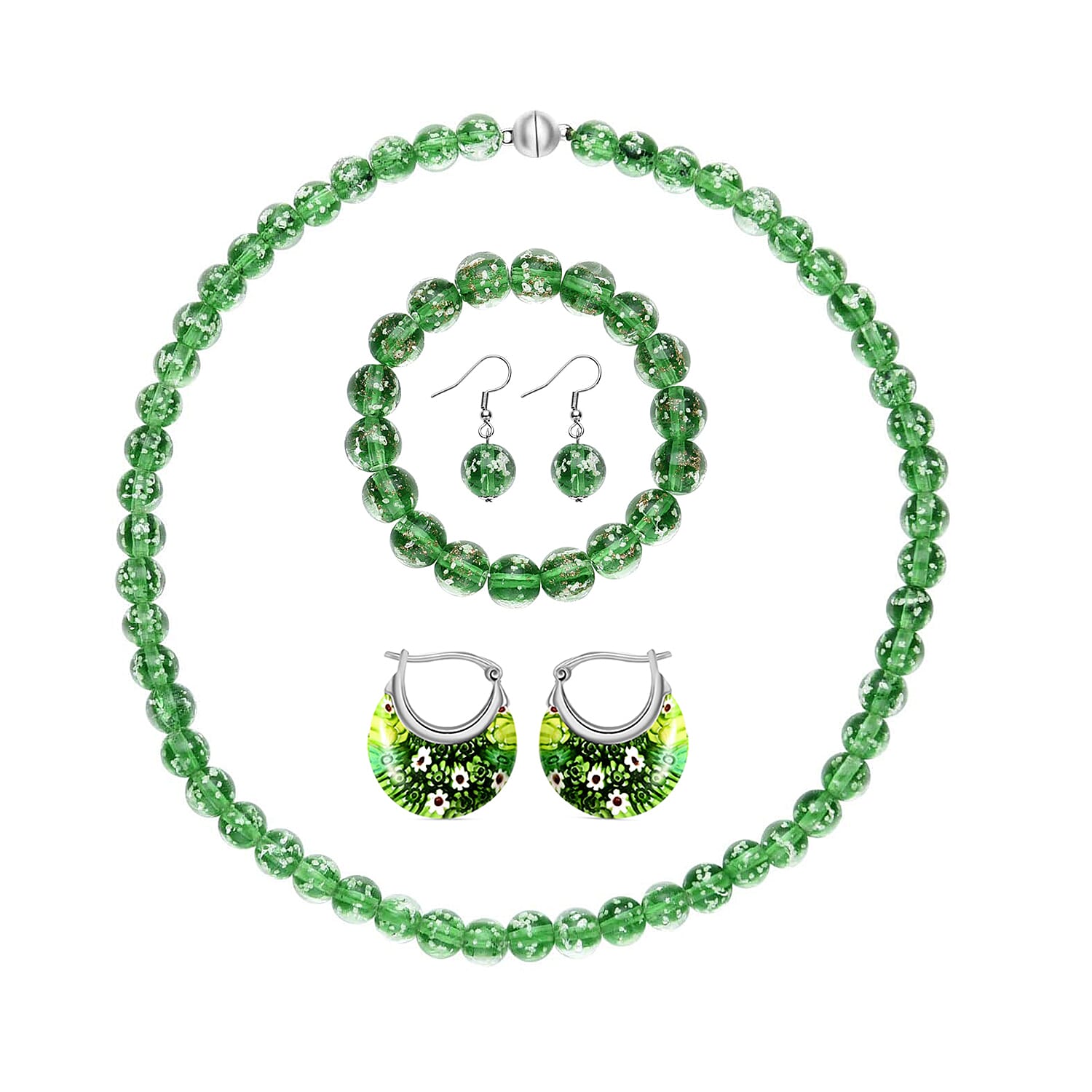 Green Color Glow Murano Style Beaded Stretch Bracelet and Dangle Earrings, Hoop Earrings and Necklace (20 Inches) in Silvertone and Stainless Steel
