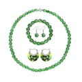 Green Color Glow Murano Style Beaded Stretch Bracelet and Dangle Earrings, Hoop Earrings and Necklace (20 Inches) in Silvertone and Stainless Steel - Sticky add to cart bar