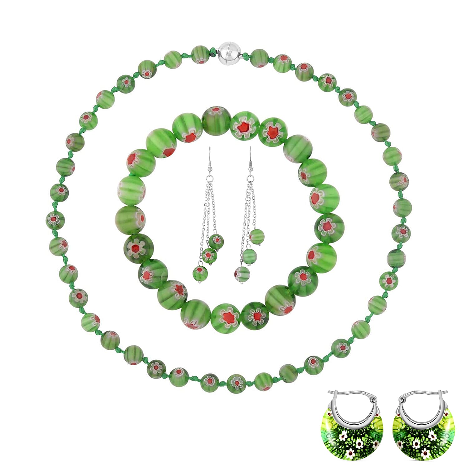 Green Murano Style Hoop 2pcs Earrings, Beaded Stretch Bracelet, Necklace (20 Inches) in Silvertone and Stainless Steel