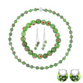 Green Murano Style Hoop 2pcs Earrings, Beaded Stretch Bracelet, Necklace (20 Inches) in Silvertone and Stainless Steel - Sticky add to cart bar