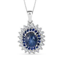 Premium Blue Star Sapphire (DF) and Multi Gemstone Floral Pendant Necklace 18 Inches in Platinum Over Sterling Silver 5.20 ctw