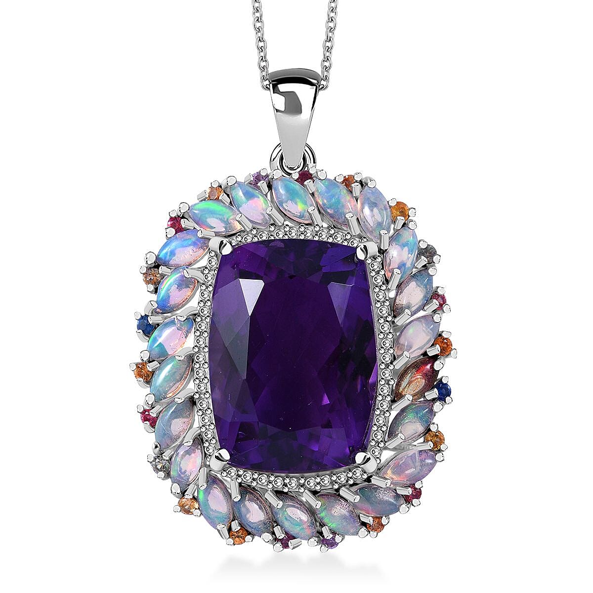 AAA African Amethyst, Multi Gemstone Pendant Necklace (18 Inches) in Platinum Over Sterling Silver 16.25 ctw
