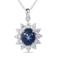 Blue Star Sapphire (DF) and Moissanite Sunburst Pendant Necklace 18 Inches in Platinum Over Sterling Silver 7.90 ctw - Sticky add to cart bar