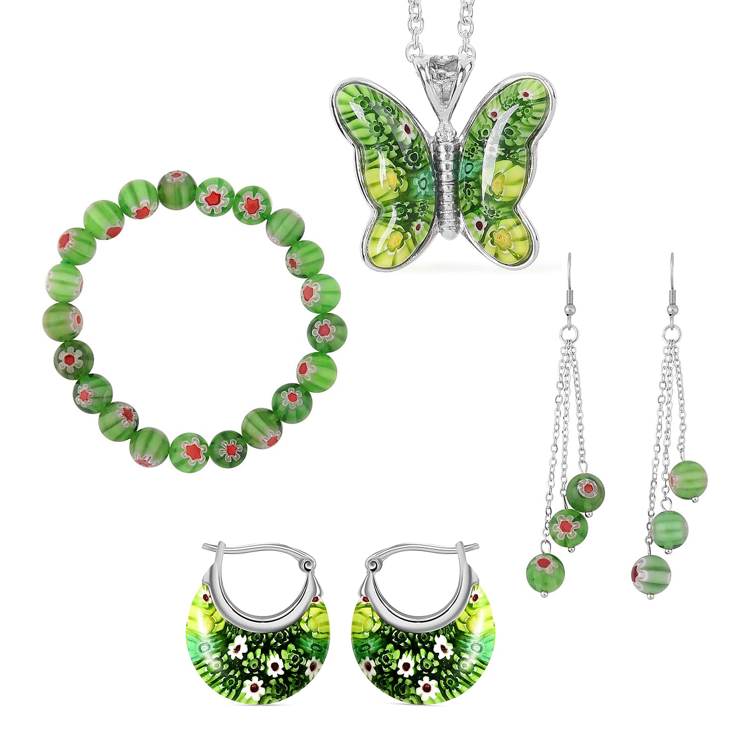 Green Murano Style Earrings, Bracelet and Pendant Necklace
