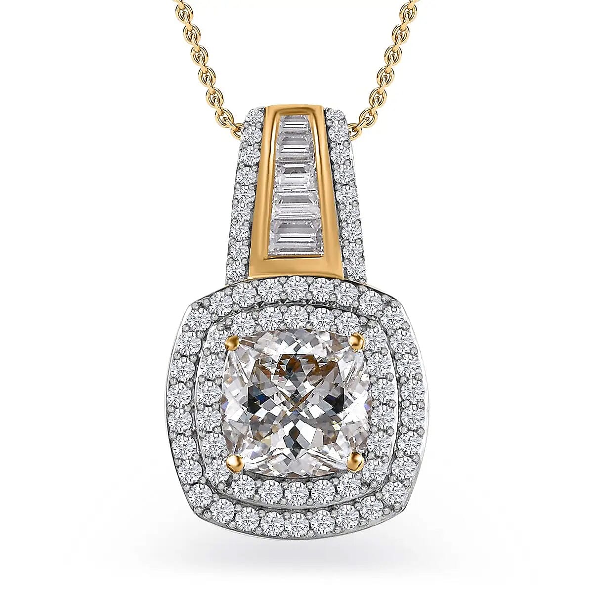 Moissanite Double Halo Pendant Necklace 20 Inches in Vermeil Yellow Gold Over Sterling Silver 3.20 ctw