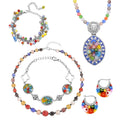 Multi Color Murano Style Beaded Charm Anklet (9-11In), Bracelet (7.50-8.50In), Earrings, Pendant with Beaded Necklace 20In and Necklace 20-22In in Stainless Steel - Sticky add to cart bar