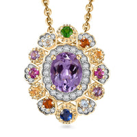Rose De France Amethyst and Multi Gemstone 4.00 ctw Floral Pendant Necklace in Vermeil Yellow Gold Over Sterling Silver 20 Inches