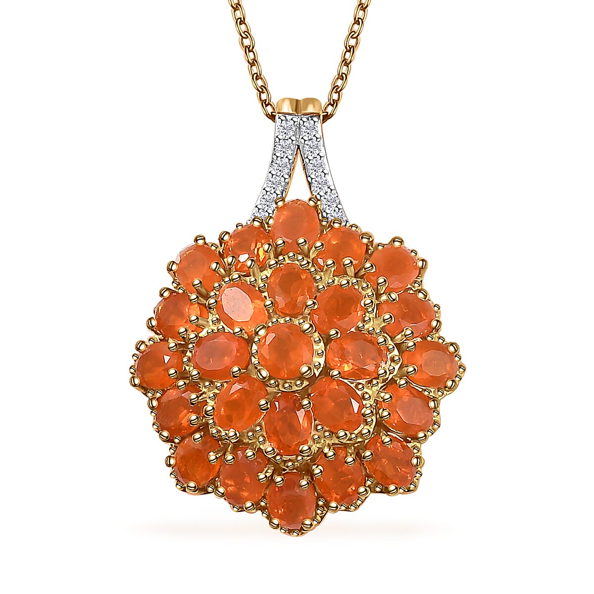 Crimson Fire Opal and White Zircon Pendant Necklace 20 Inches in Vermeil YG and Platinum Over Sterling Silver 2.90 ctw