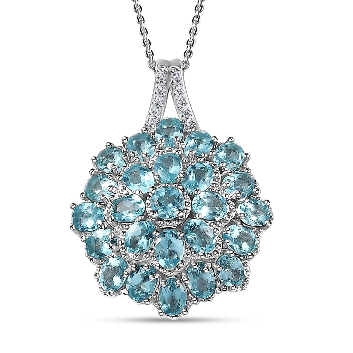 TLV Madagascar Paraiba Apatite, Whiite Ziron Pendant Necklace (20 Inches) in Platinum Over Sterling Silver 4.65 ctw