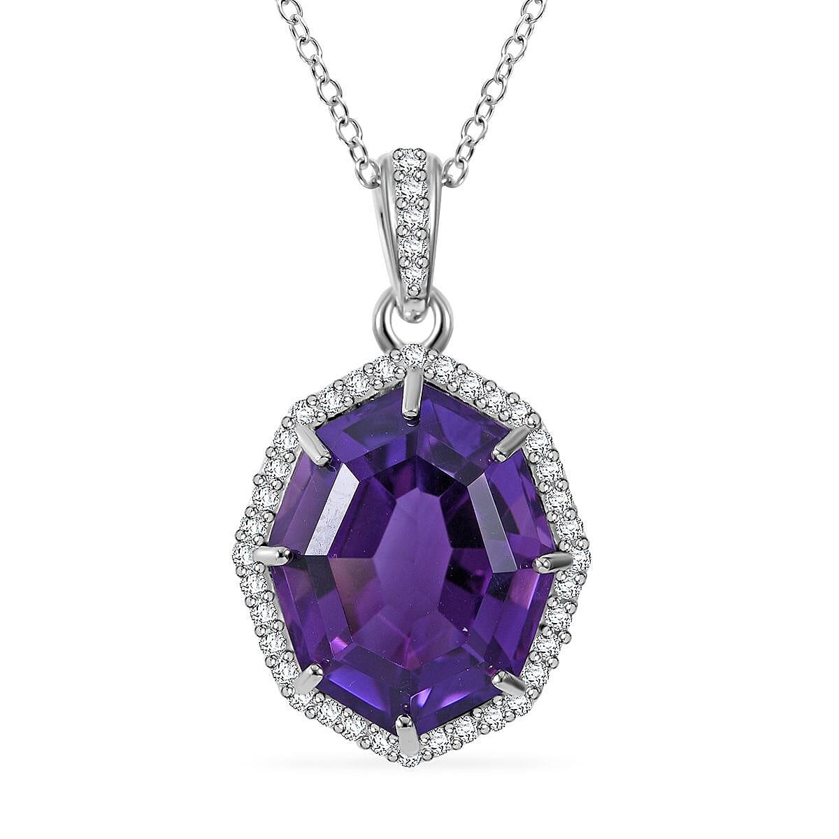 African Amethyst and White Zircon Halo Pendant Necklace 18 Inches in Platinum Over Sterling Silver 10.50 ctw