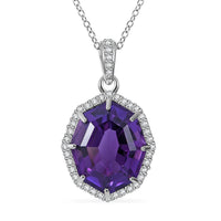 African Amethyst and White Zircon Halo Pendant Necklace 18 Inches in Platinum Over Sterling Silver 10.50 ctw