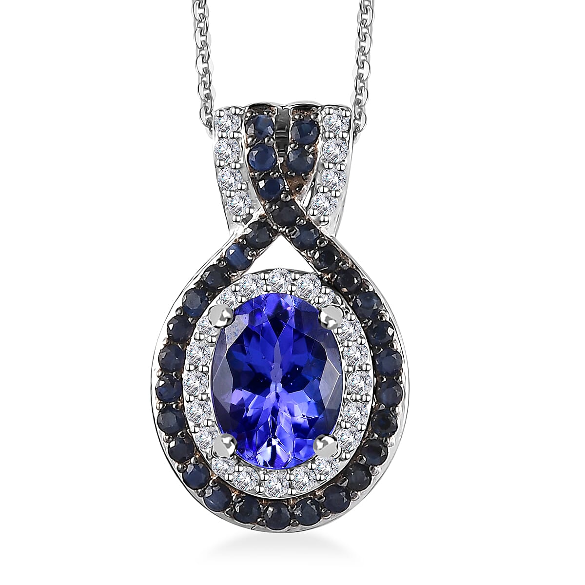 Tanzanite, Multi Gemstone Double Halo Pendant Necklace (20 Inches) in Platinum Over Sterling Silver 2.10 ctw