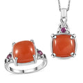 Peach Moonstone and Orissa Rhodolite Garnet Ring (Size 5.0) and Pendant Necklace 20 Inches in Platinum Over Sterling Silver 9.30 ctw - Sticky add to cart bar