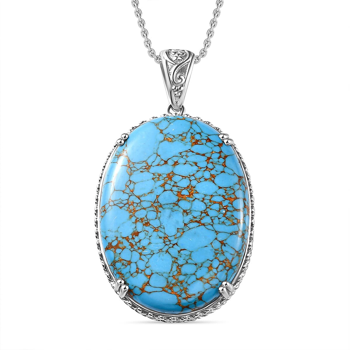 Blue Mojave Turquoise 70.00 ctw Pendant Necklace in Stainless Steel 20 Inches