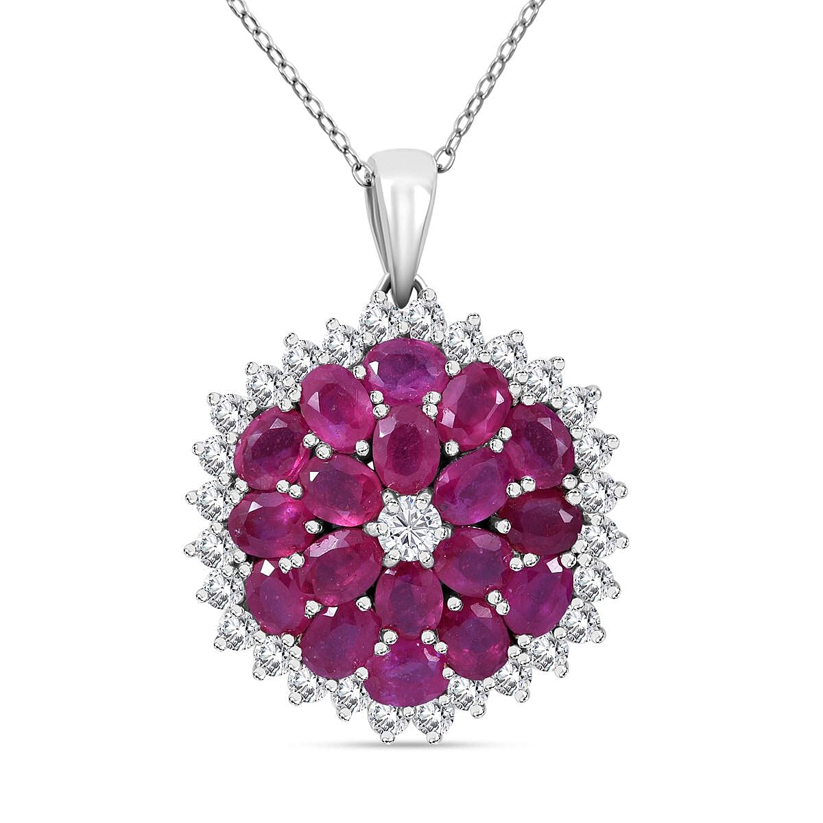 Niassa Ruby (FF) and White Zircon Floral Spray Pendant Necklace 18 Inches in Platinum Over Sterling Silver 6.10 ctw