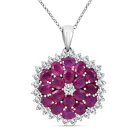 Niassa Ruby (FF) and White Zircon Floral Spray Pendant Necklace 18 Inches in Platinum Over Sterling Silver 6.10 ctw