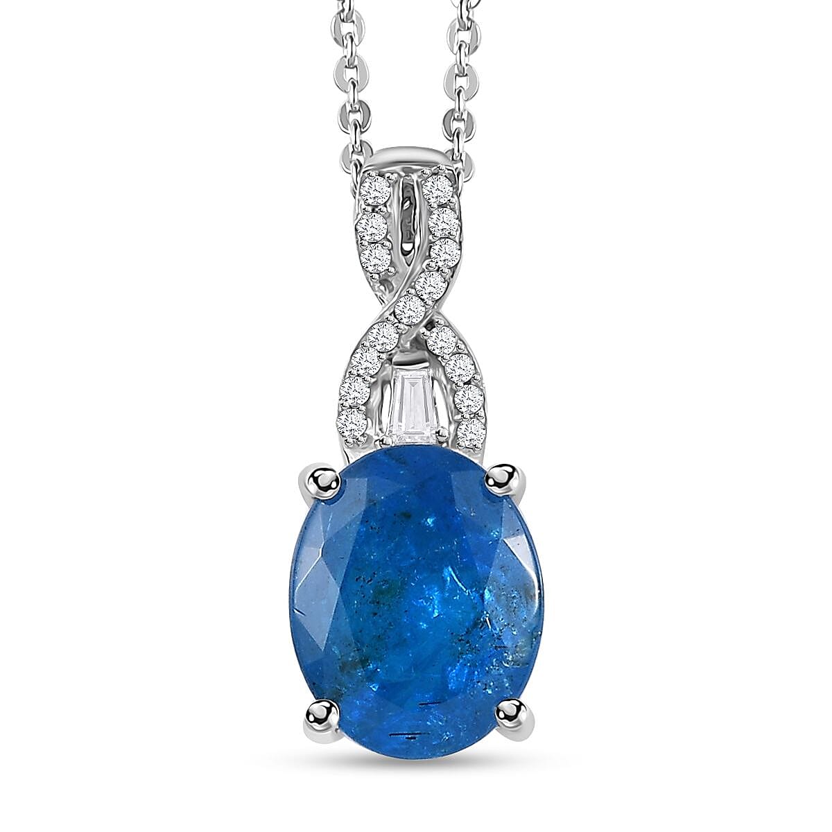 Malgache Neon Apatite and Moissanite Pendant Necklace 20 Inches in Platinum Over Sterling Silver 2.85 ctw