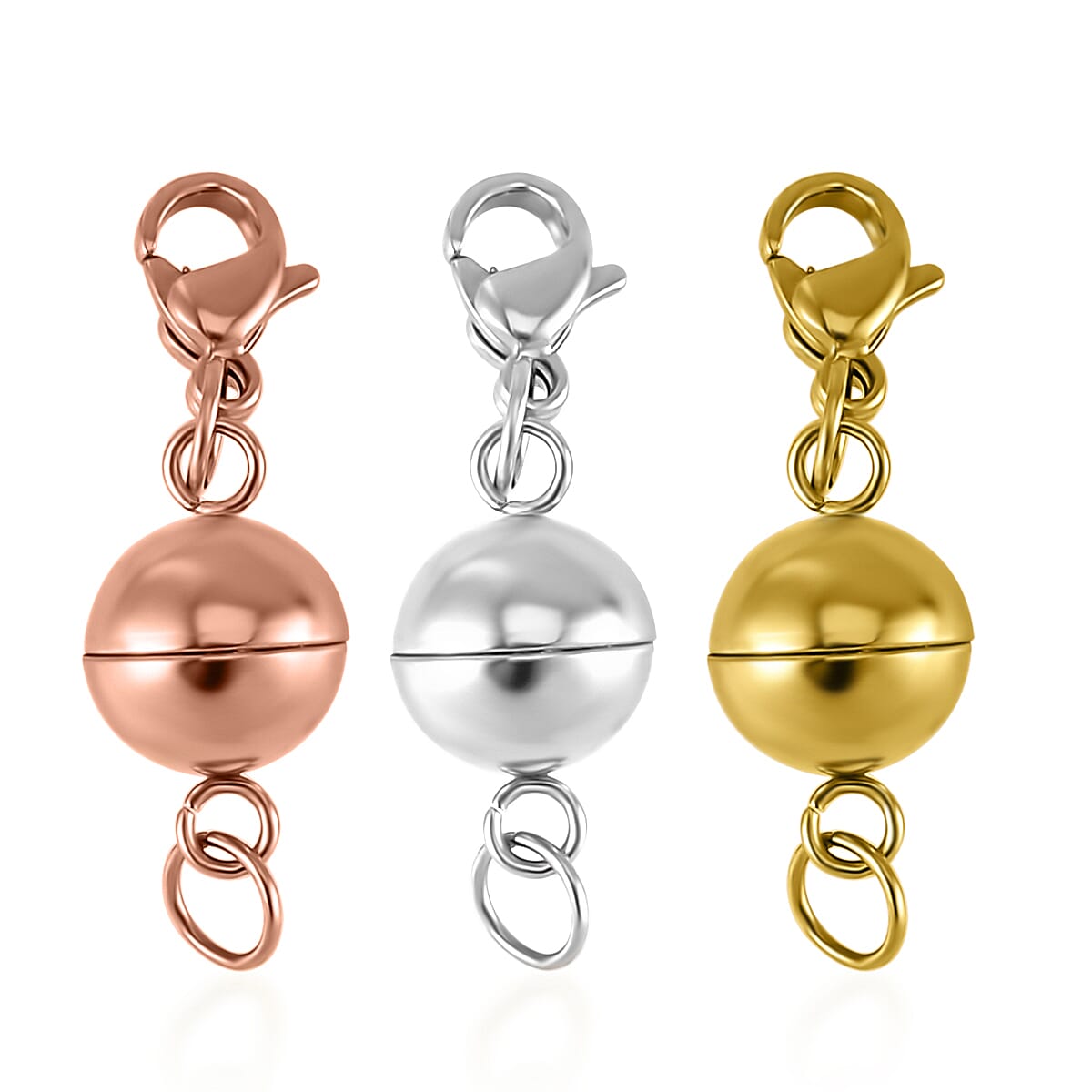 Set of 3, Magnetic Lock with Lobster Clasp and 0.6x5mm Ring in ION Plated YG, RG and Stainless Steel