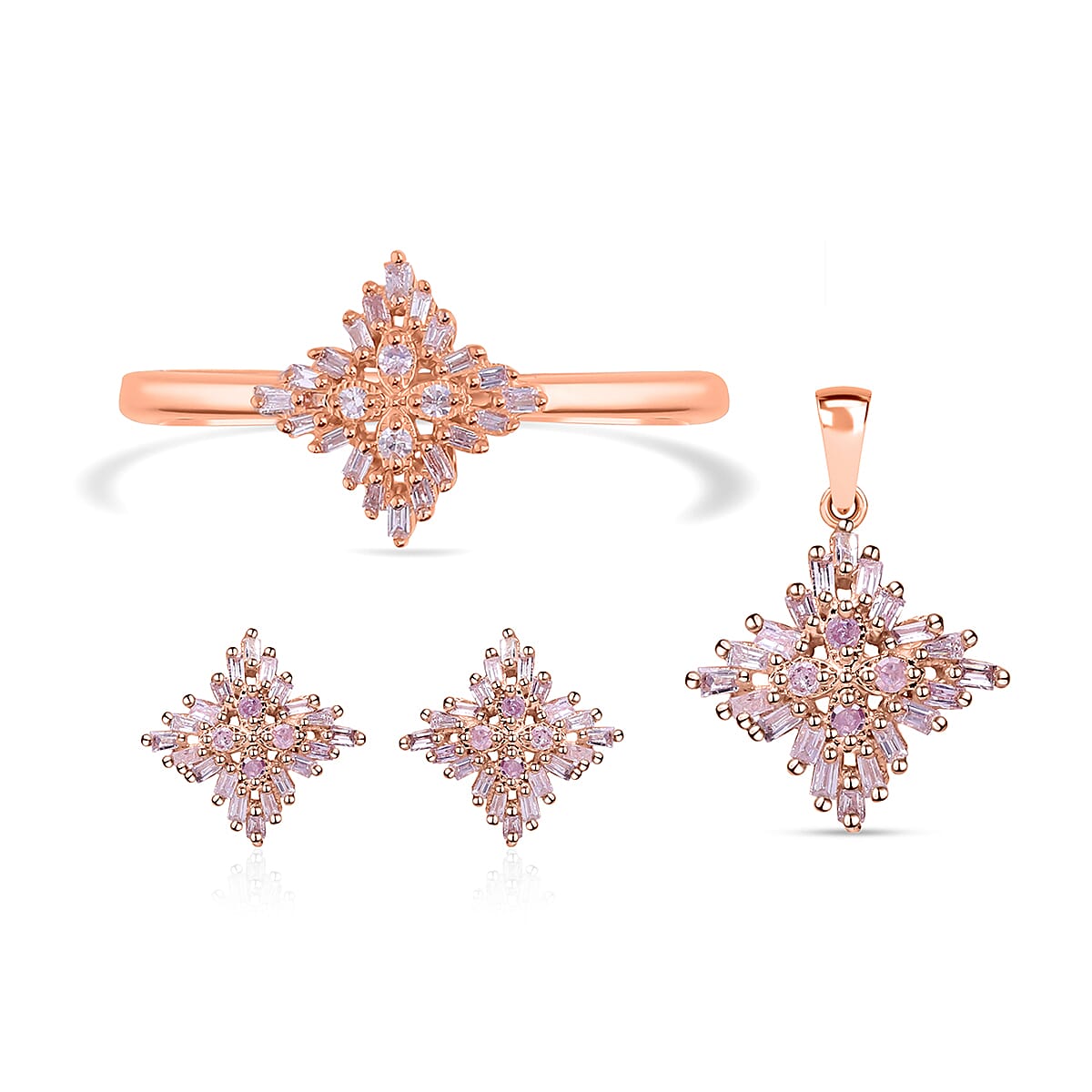 Natural Pink Diamond I3 Earrings, Ring (Size 5.0) and Pendant in Vermeil Rose Gold Over Sterling Silver 0.50 ctw