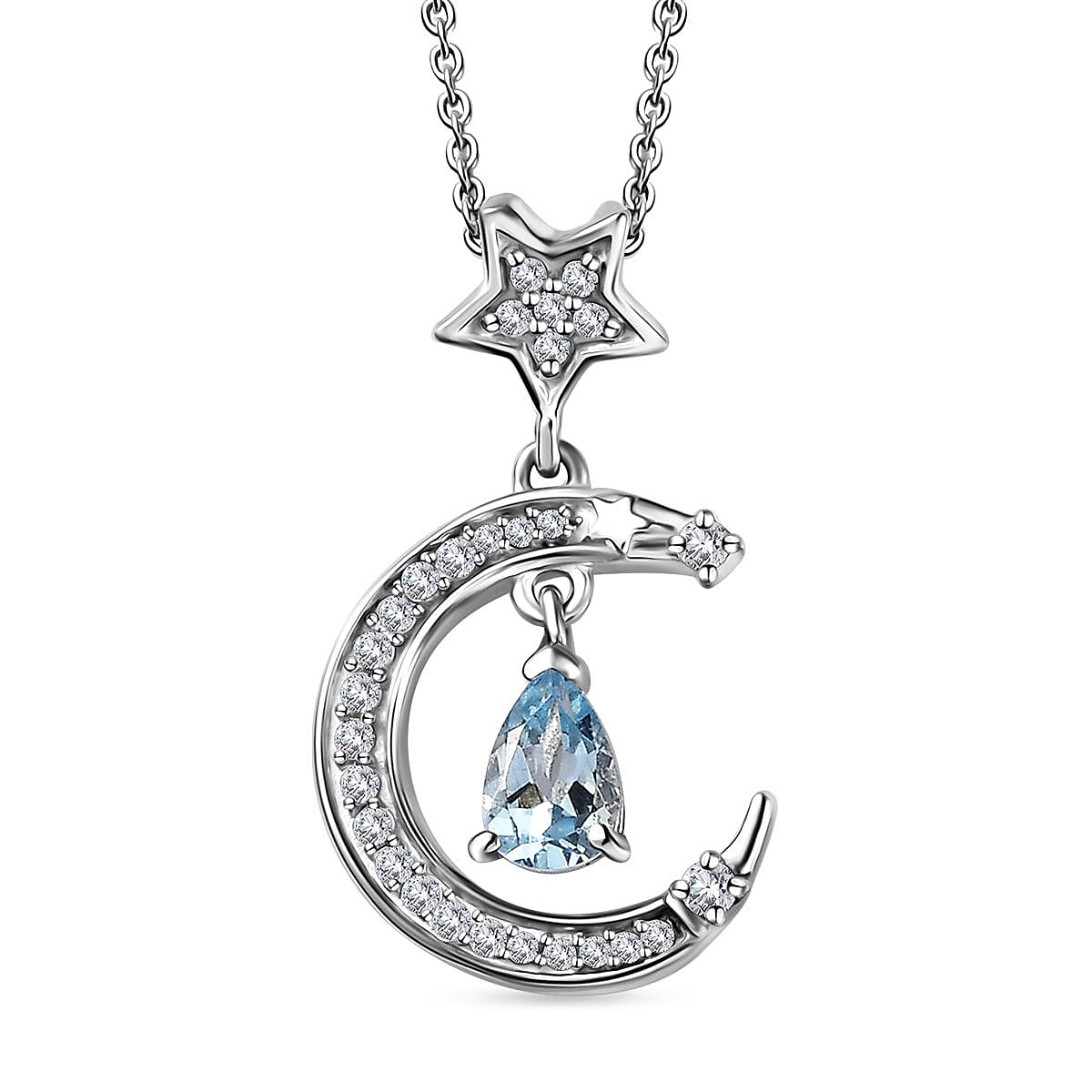 Santa Maria Aquamarine and White Zircon Celestial Pendant Necklace 20 Inches in Platinum Over Sterling Silver 0.65 ctw