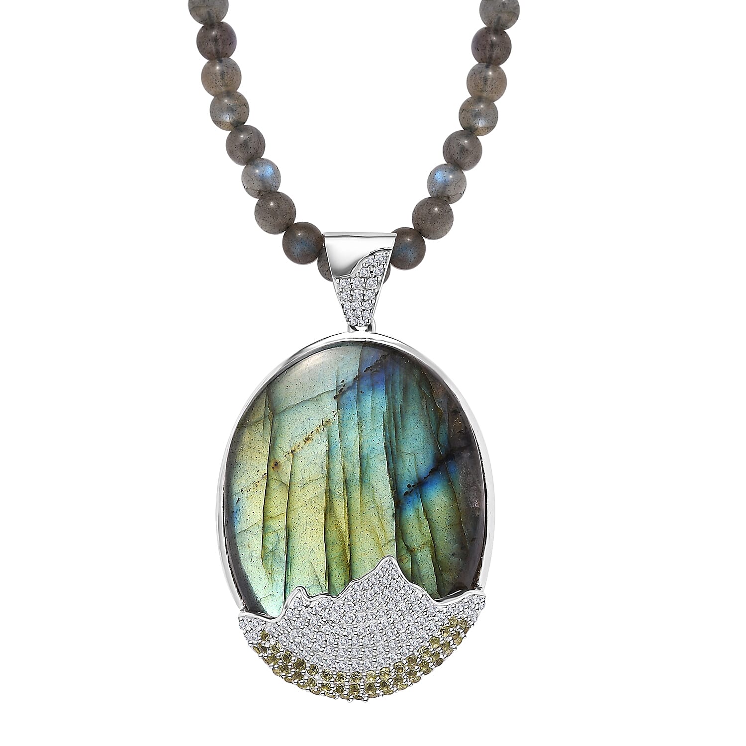 Malagasy Labradorite and Multi Gemstone Pendant with Beaded Necklace 20 Inches in Platinum Over Sterling Silver 121.40 ctw