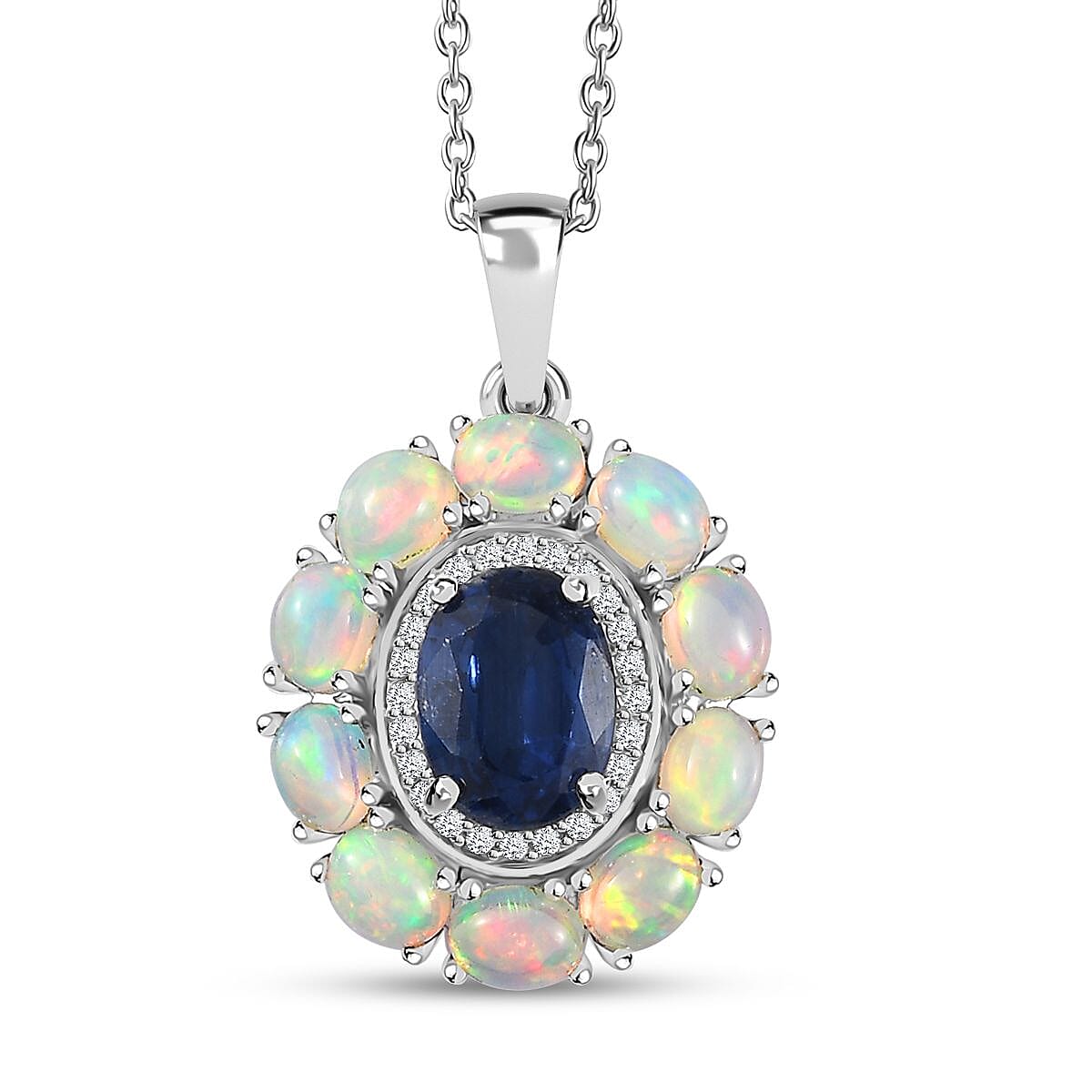 Kashmir Kyanite and Multi Gemstone Double Halo Pendant Necklace 20 Inches in Platinum Over Sterling Silver 3.00 ctw