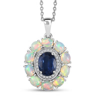 Kashmir Kyanite and Multi Gemstone Double Halo Pendant Necklace 20 Inches in Platinum Over Sterling Silver 3.00 ctw