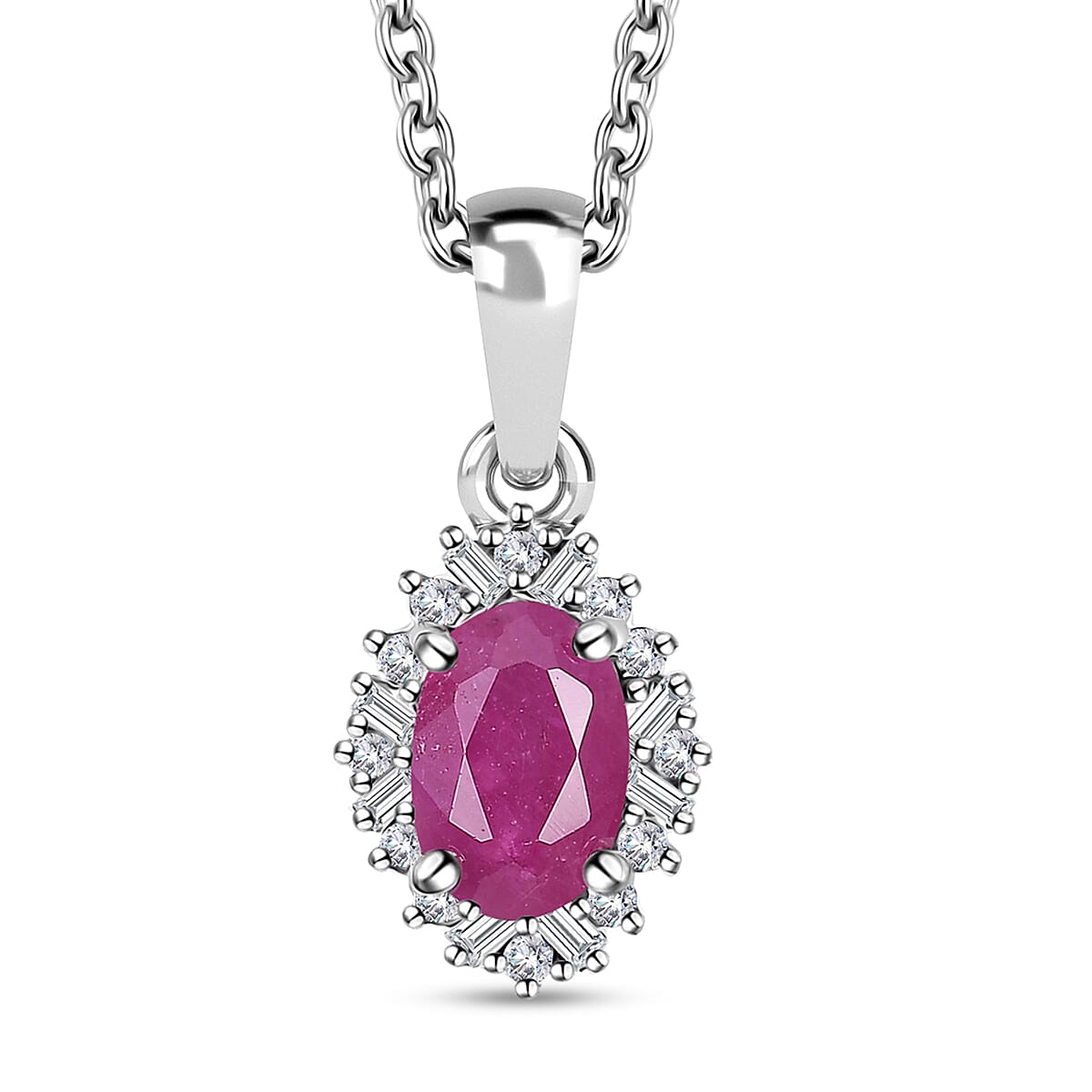 Premium Royal Ruby and White Diamond Halo Pendant Necklace 20 Inches in Platinum Over Sterling Silver 0.75 ctw