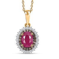Premium Royal Ruby, Natural Champagne and White Diamond Double Halo Pendant Necklace 20 Inches in Vermeil Yellow Gold Over Sterling Silver 2.00 ctw