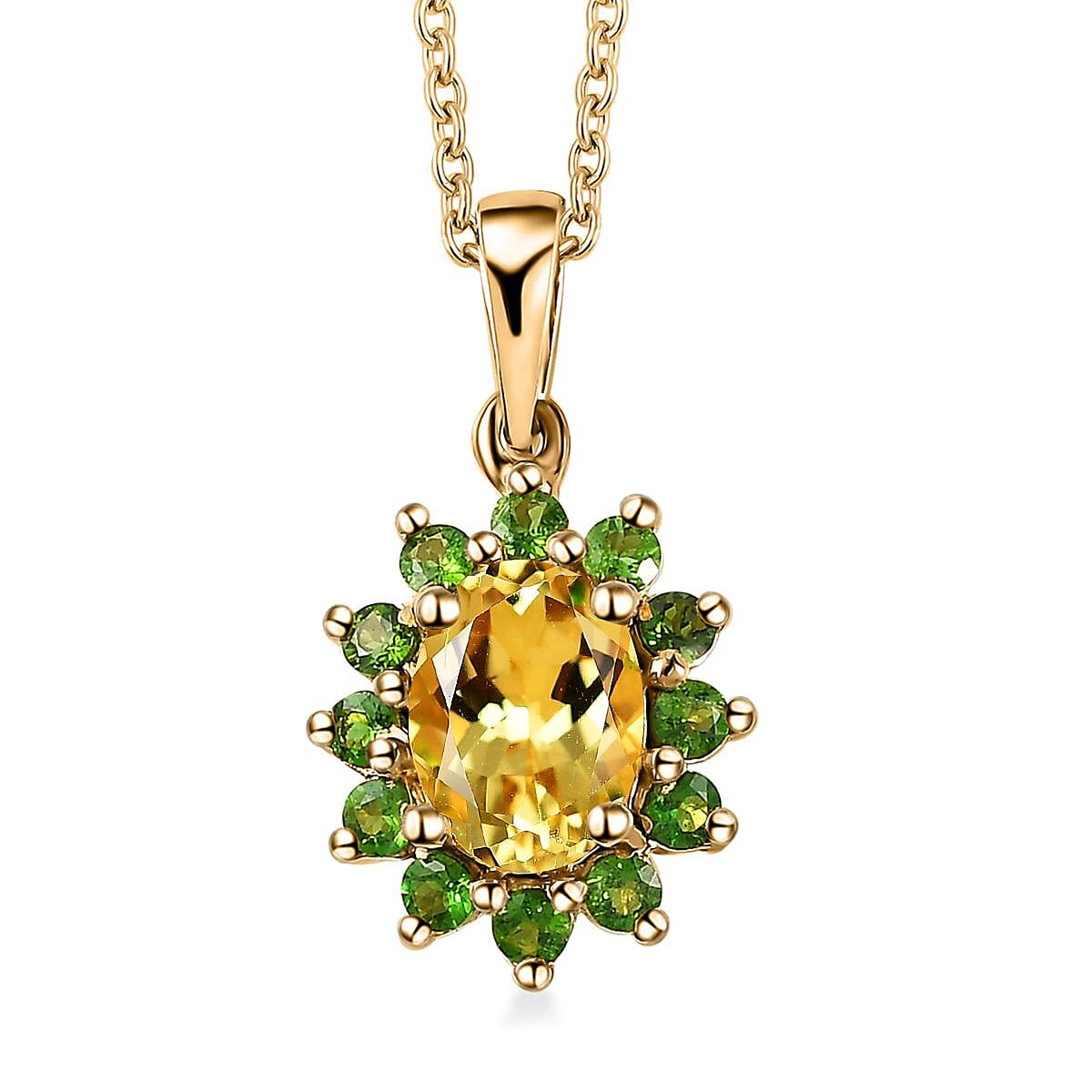 Sunfire Beryl, Chrome Diopside Sunburst Pendant Necklace (20 Inches) in Vermeil YG Over Sterling Silver 1.50 ctw
