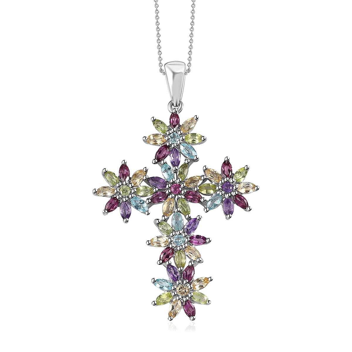 Multi Gemstone Sunflowers Cross Pendant Necklace 20 Inches in Platinum Over Sterling Silver 4.50 ctw