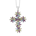 Multi Gemstone Sunflowers Cross Pendant Necklace 20 Inches in Platinum Over Sterling Silver 4.50 ctw - Sticky add to cart bar
