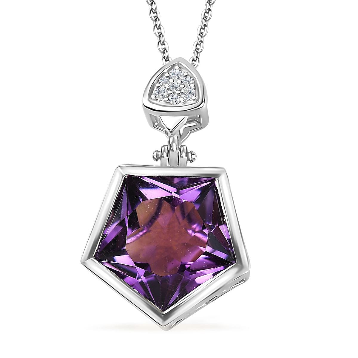 African Amethyst and White Zircon Pendant Necklace 20 Inches in Platinum Over Sterling Silver 7.85 ctw