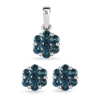 10K White Gold AAA Monte Belo Indicolite Floral Pendant and Stud Earrings 1.00 ctw (Del. in 12-15 Days)